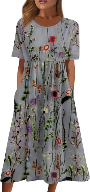 Women's Maxi Dresses 2025 Summer Casual Loose Trendy Short Sleeve Round Neck Solid Floral Printed Dress Plus Size, S-3XL