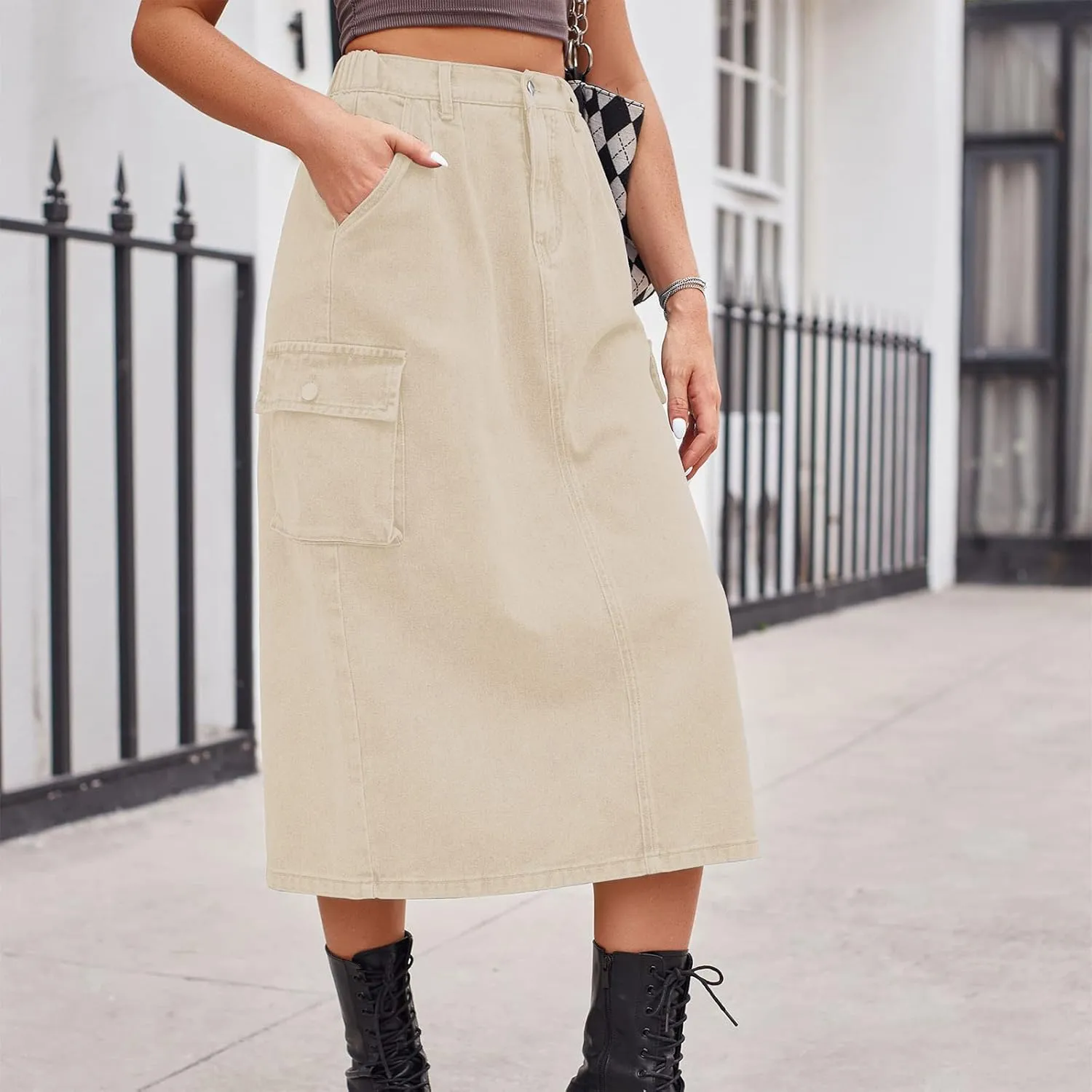 Women's Maxi Pencil Jean Skirt- High Waisted A-Line Long Denim Skirts for Ladies- Y2K Jean Skirt with Flap Pocket