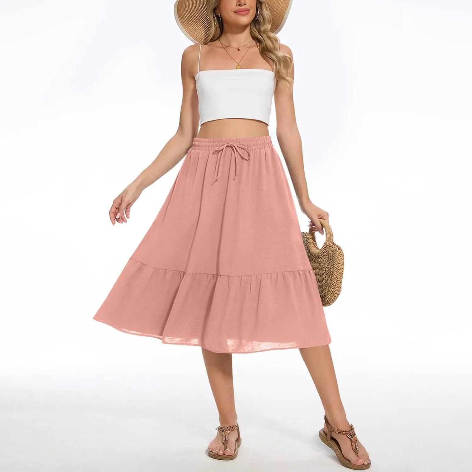 Women's Maxi Skirts Beach Elastic Waist Drawstring Tiered Flowy Chiffon Skirts Bohemian Vacation Layered Tulle Skirt
