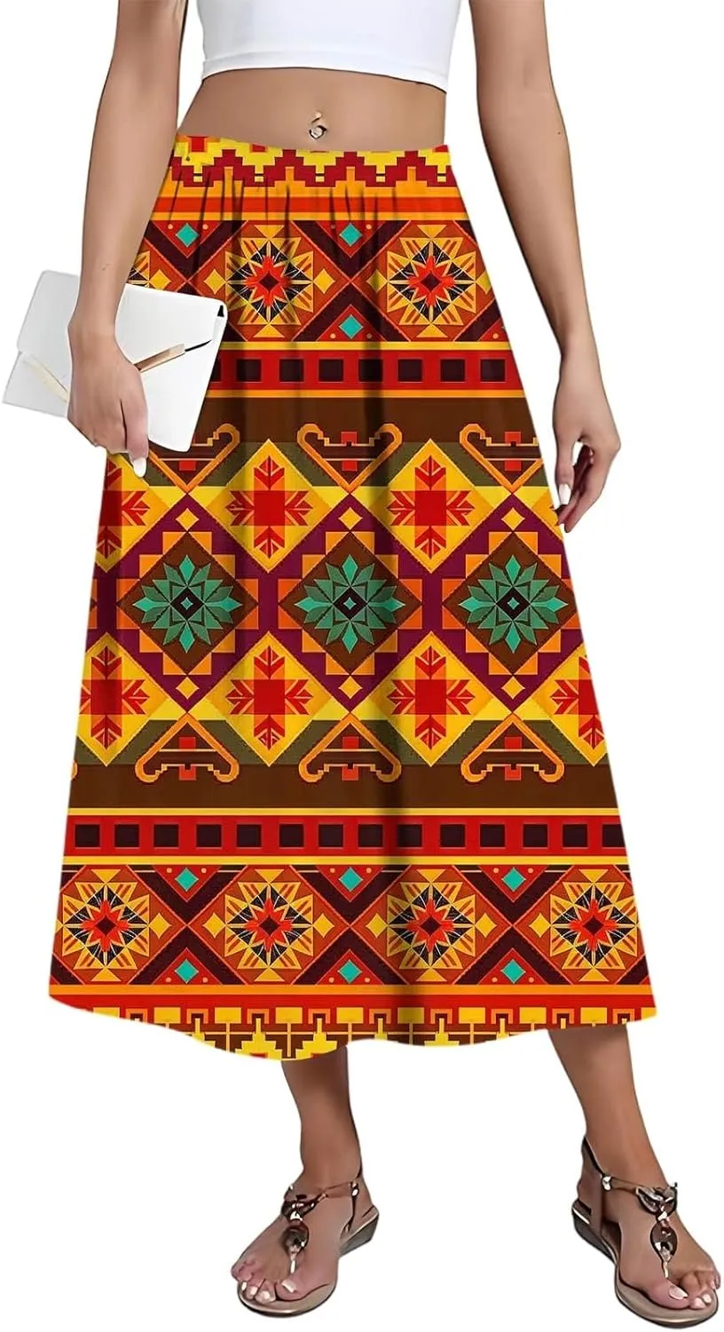 Women's Midi Boho Floral Skirts Trendy A Line Skirt Comfy Flowy High Elastic Waist Skorts with Pockets