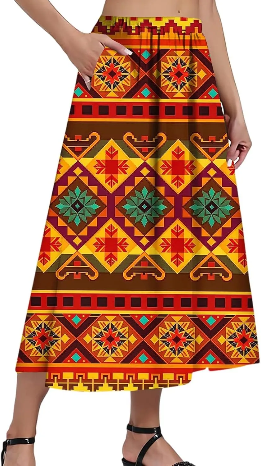Women's Midi Boho Floral Skirts Trendy A Line Skirt Comfy Flowy High Elastic Waist Skorts with Pockets