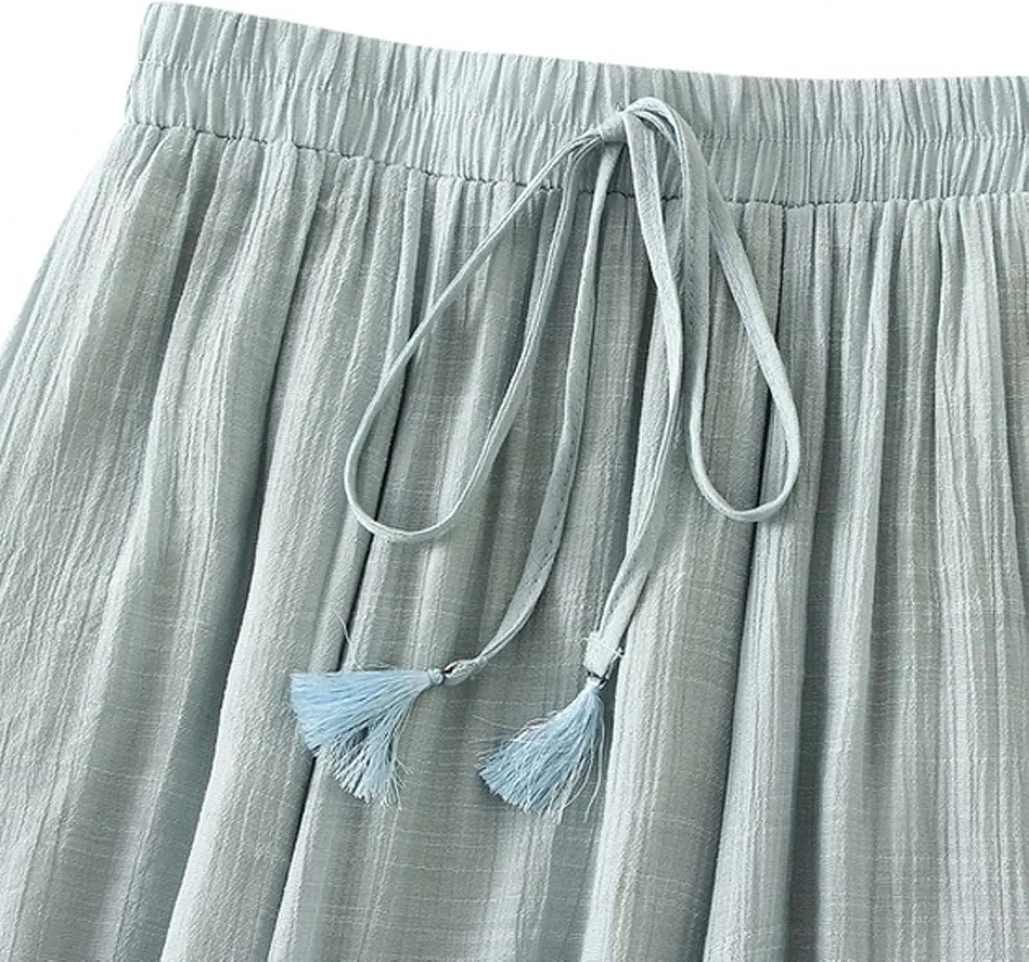 Women's Midi Linen Skirt Summer Casual Elastic Waist Drawstring Pleated Skirts A-Linen Flowy Swing Long Skirt