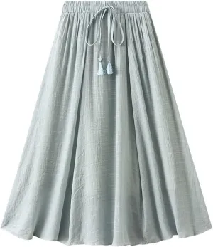 Women's Midi Linen Skirt Summer Casual Elastic Waist Drawstring Pleated Skirts A-Linen Flowy Swing Long Skirt