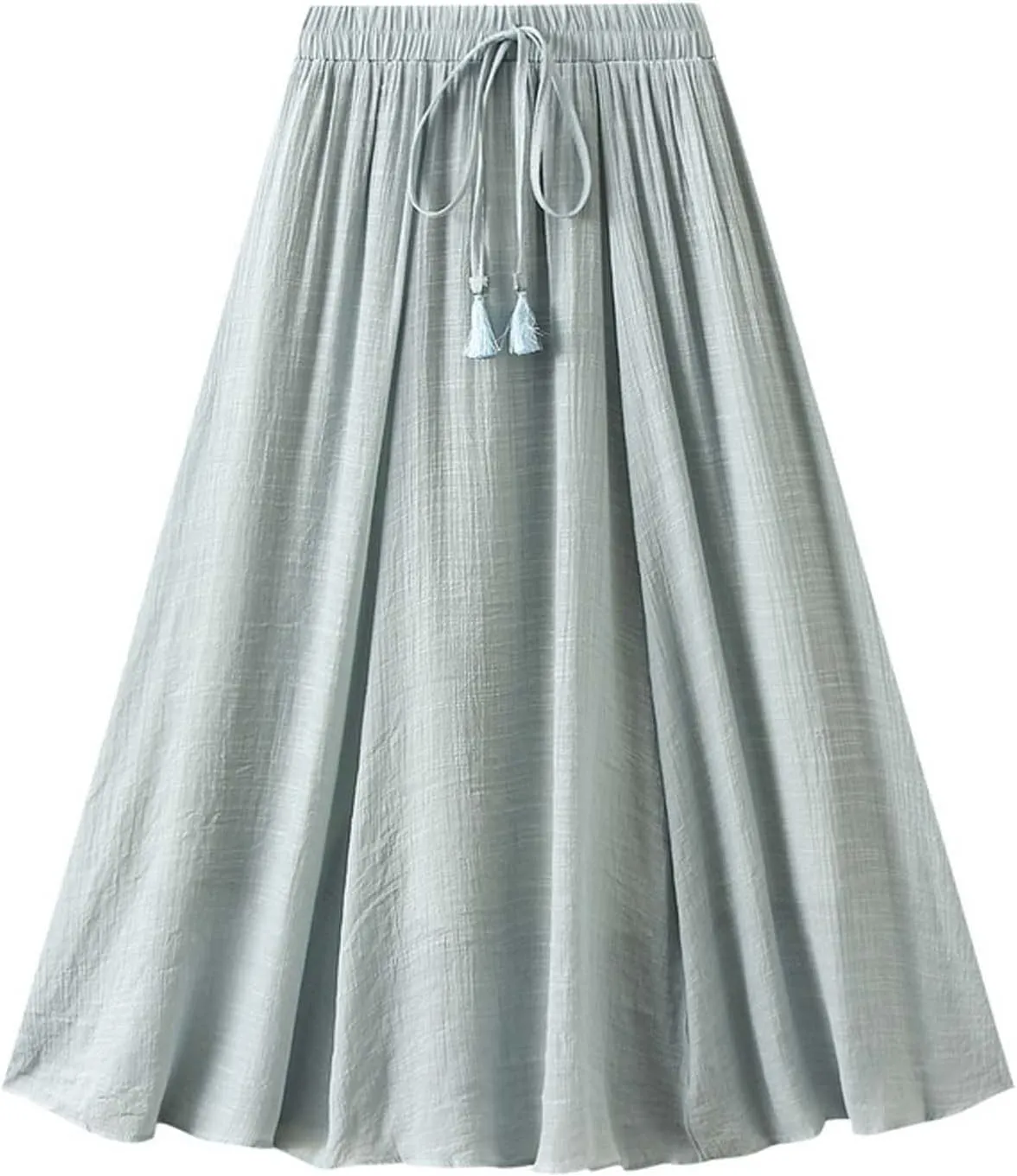 Women's Midi Linen Skirt Summer Casual Elastic Waist Drawstring Pleated Skirts A-Linen Flowy Swing Long Skirt