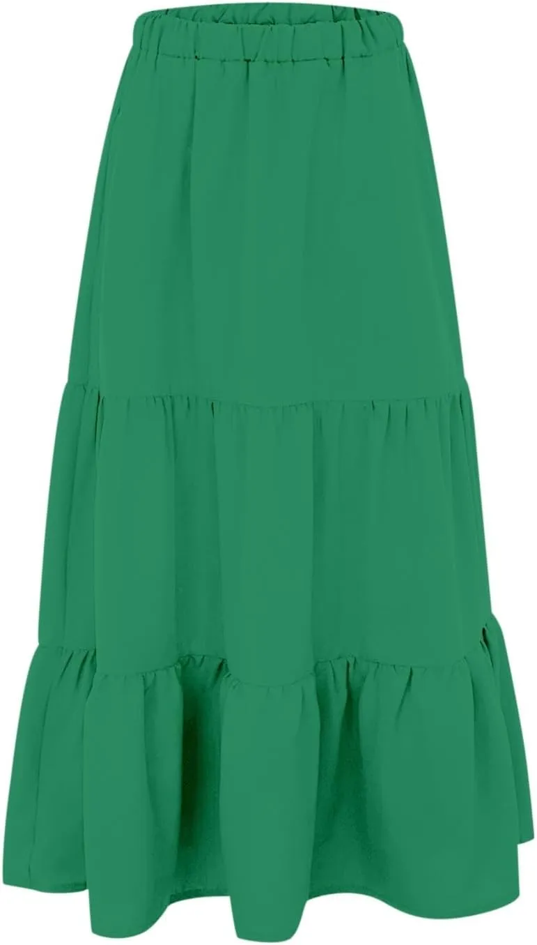 Womens Midi Skirts Summer Casual Flowy A-Line Elastic High Waist Tiered Ruffle Pleated Swing Boho Long Skirt Dress