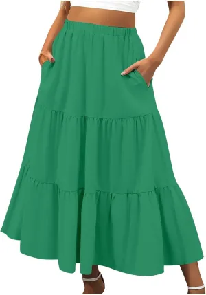 Womens Midi Skirts Summer Casual Flowy A-Line Elastic High Waist Tiered Ruffle Pleated Swing Boho Long Skirt Dress