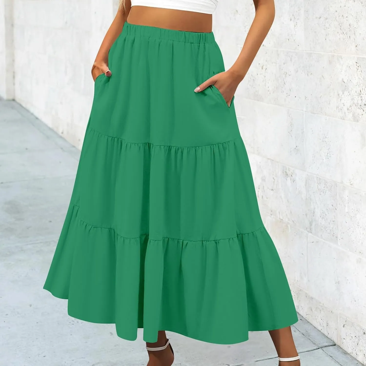 Womens Midi Skirts Summer Casual Flowy A-Line Elastic High Waist Tiered Ruffle Pleated Swing Boho Long Skirt Dress