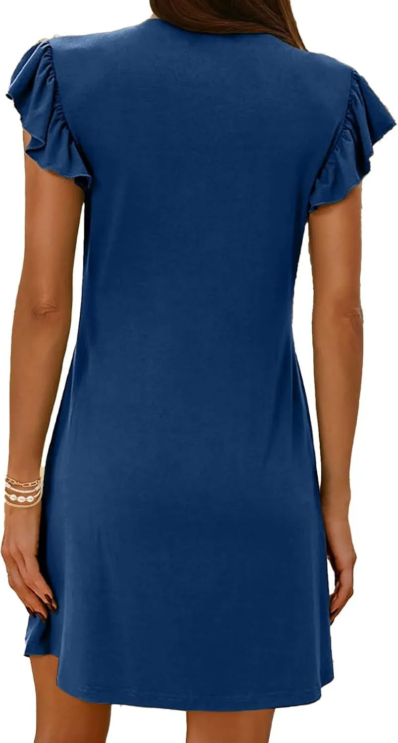 Womens Mini Dress Casual Ruffle Sleeveless V Neck Dresses Slim Fit Tunic Lounge Dresses Lightweight Comfy Sundress