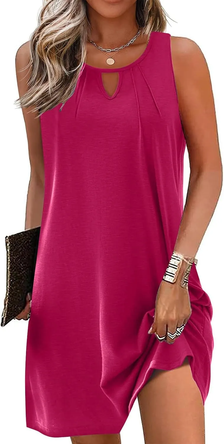 Womens Mini Dress Hallow Out Sleeveless Tank Dress Solid Color Boho Summer Dresses Beach Vacation Sundress