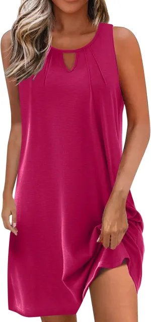 Womens Mini Dress Hallow Out Sleeveless Tank Dress Solid Color Boho Summer Dresses Beach Vacation Sundress