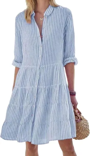 Womens Mini Dress Summer Striped Lapel Button Down Long Sleeve Dresses Casual Tummy Control A Lien Beach Sundress