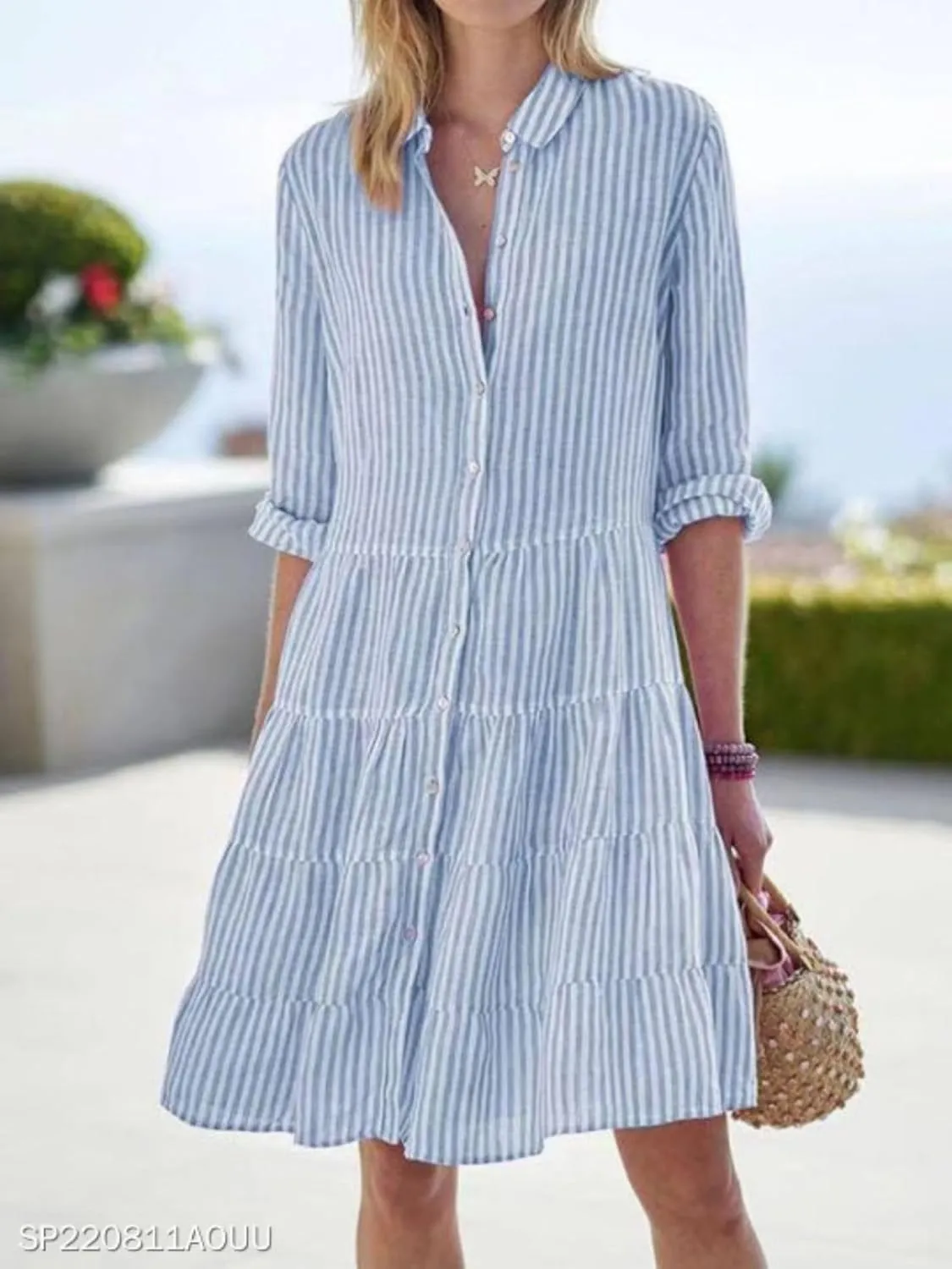 Womens Mini Dress Summer Striped Lapel Button Down Long Sleeve Dresses Casual Tummy Control A Lien Beach Sundress