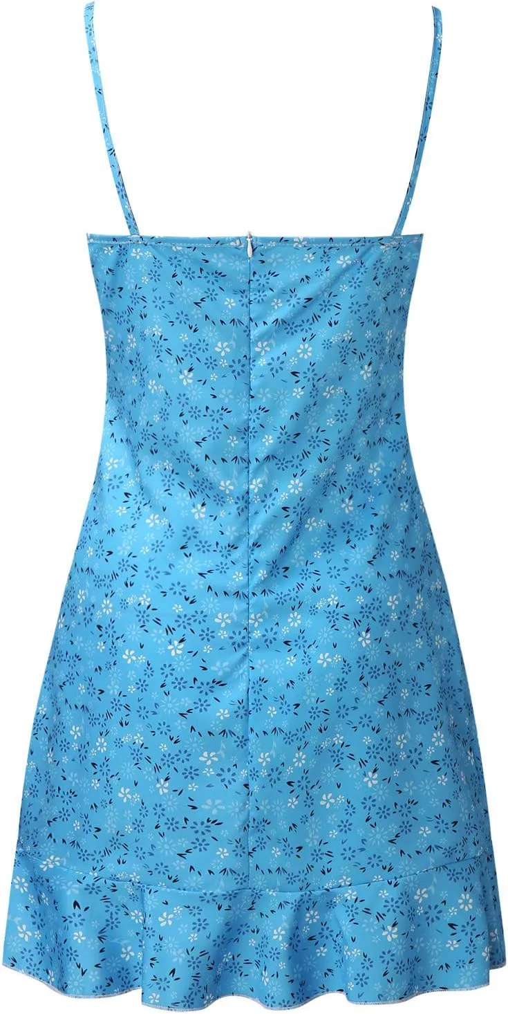 Womens Mini Floral Dresses 2024 Summer Lightweight Casual Dress Spaghetti Strap Bodycorn Ruffle Fashion Print Sundress
