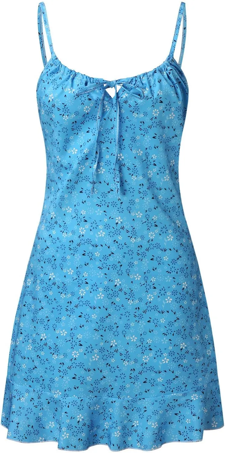 Womens Mini Floral Dresses 2024 Summer Lightweight Casual Dress Spaghetti Strap Bodycorn Ruffle Fashion Print Sundress