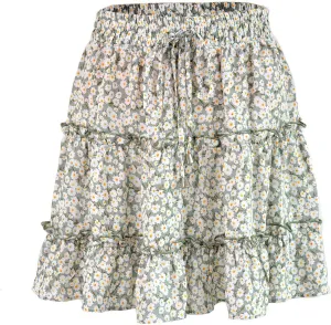 Women's Mini Skirt Summer Casual Stretch Waist Print Pleated Flared A Line Skater Shirt, S-2XL