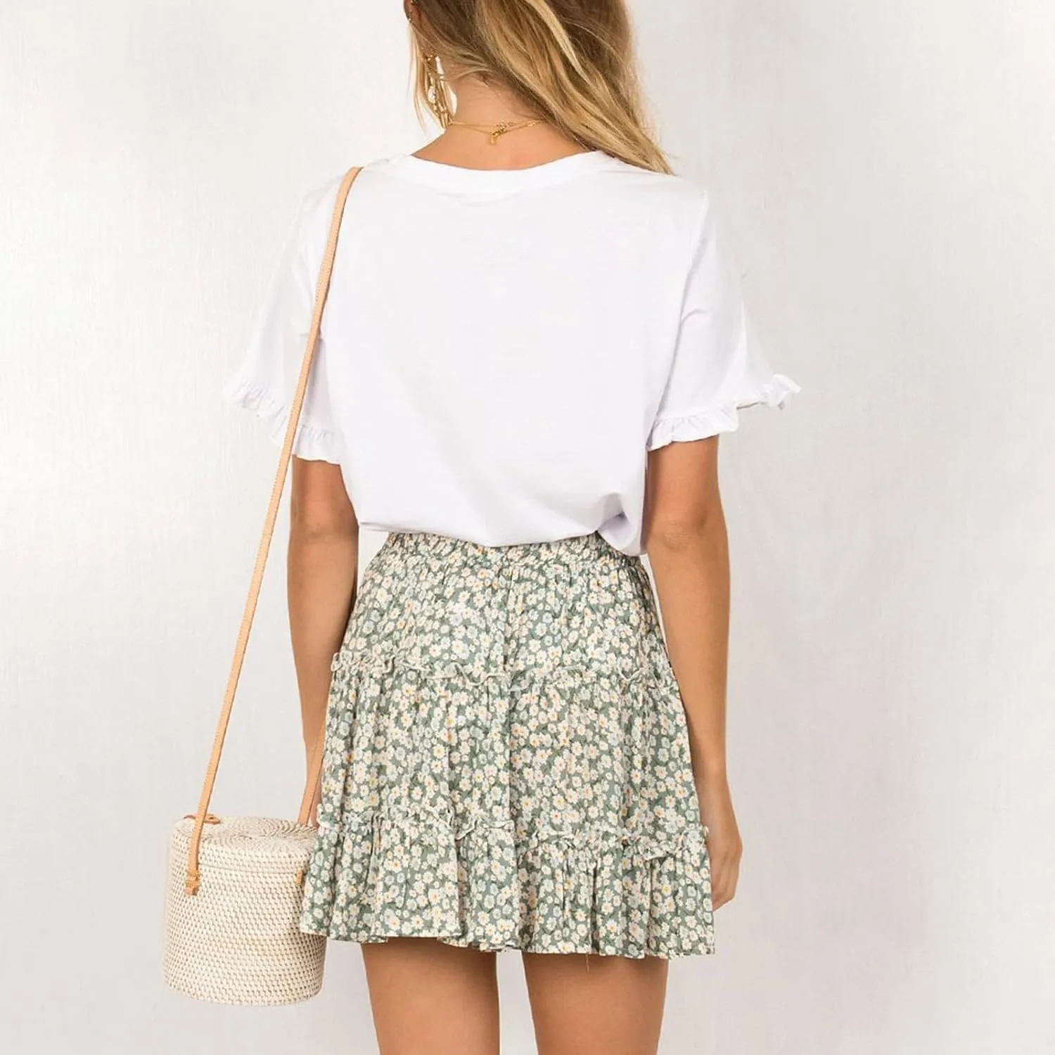 Women's Mini Skirt Summer Casual Stretch Waist Print Pleated Flared A Line Skater Shirt, S-2XL