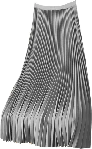 Womens Pleated Satin High Waisted Elastic Midi Skirt Elegant Wedding Flared A-Line Long Skirts Summer Casual Ladies Skirts