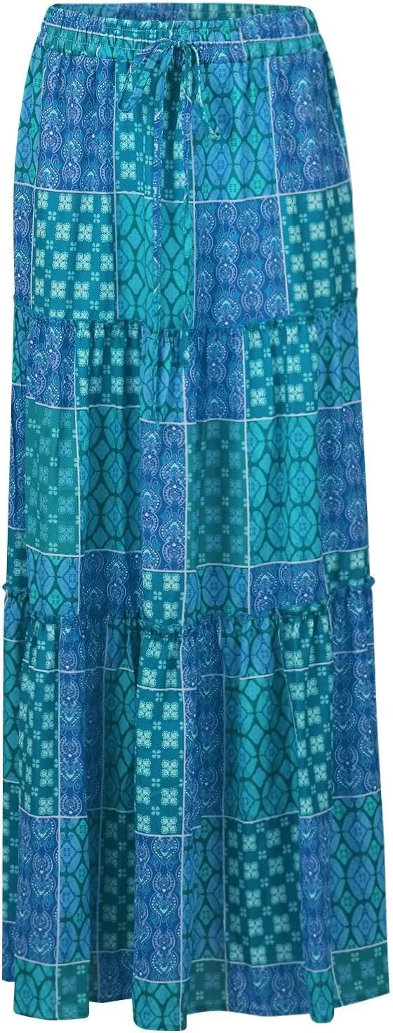 Women's Pleated Skirt Casual Loose Trendy Elastic High Waist Floral Print Boho Sun Beach Long Maxi Skirts, S-2XL