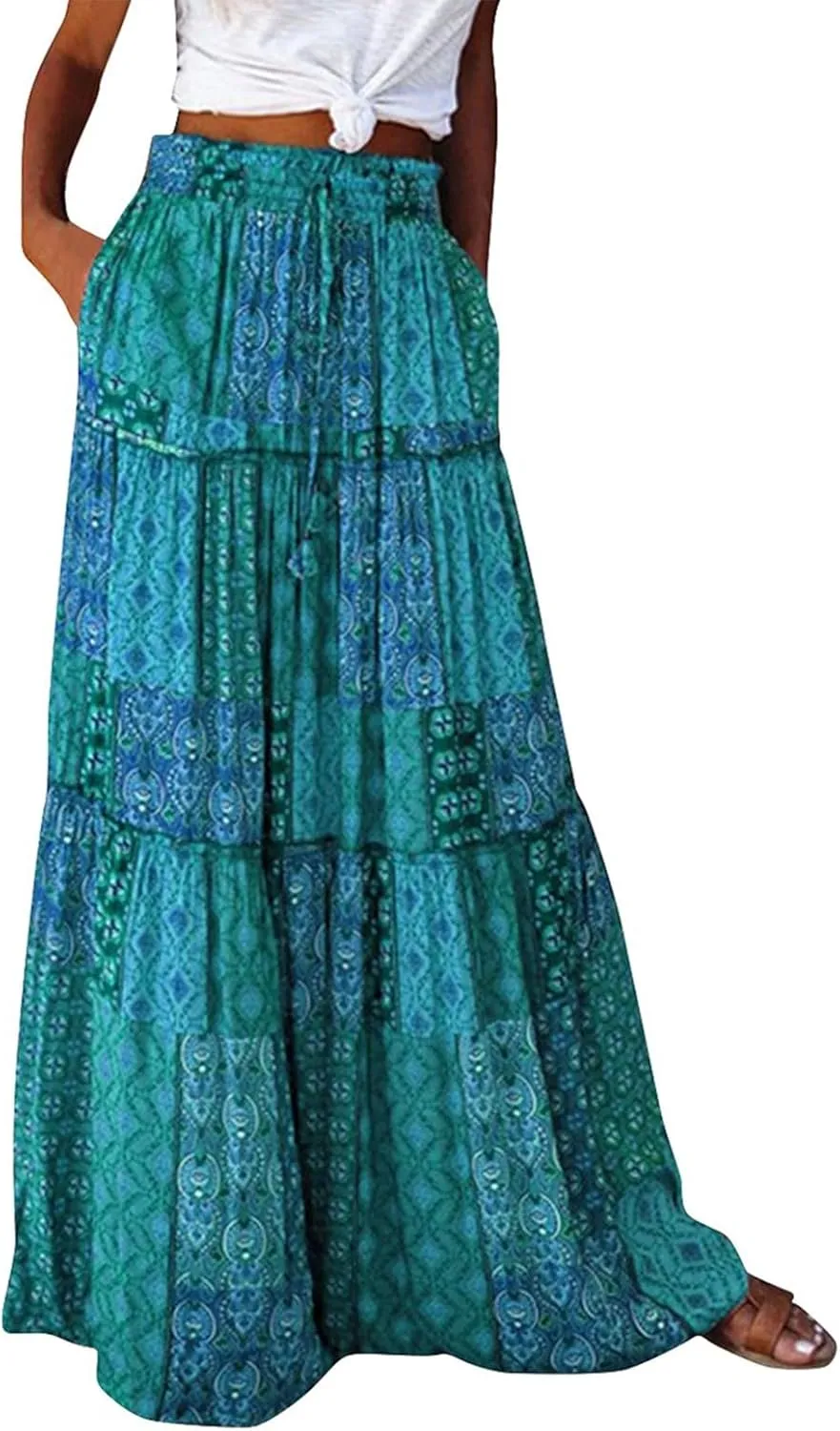 Women's Pleated Skirt Casual Loose Trendy Elastic High Waist Floral Print Boho Sun Beach Long Maxi Skirts, S-2XL
