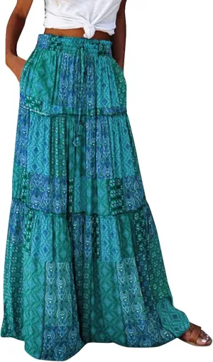 Women's Pleated Skirt Casual Loose Trendy Elastic High Waist Floral Print Boho Sun Beach Long Maxi Skirts, S-2XL
