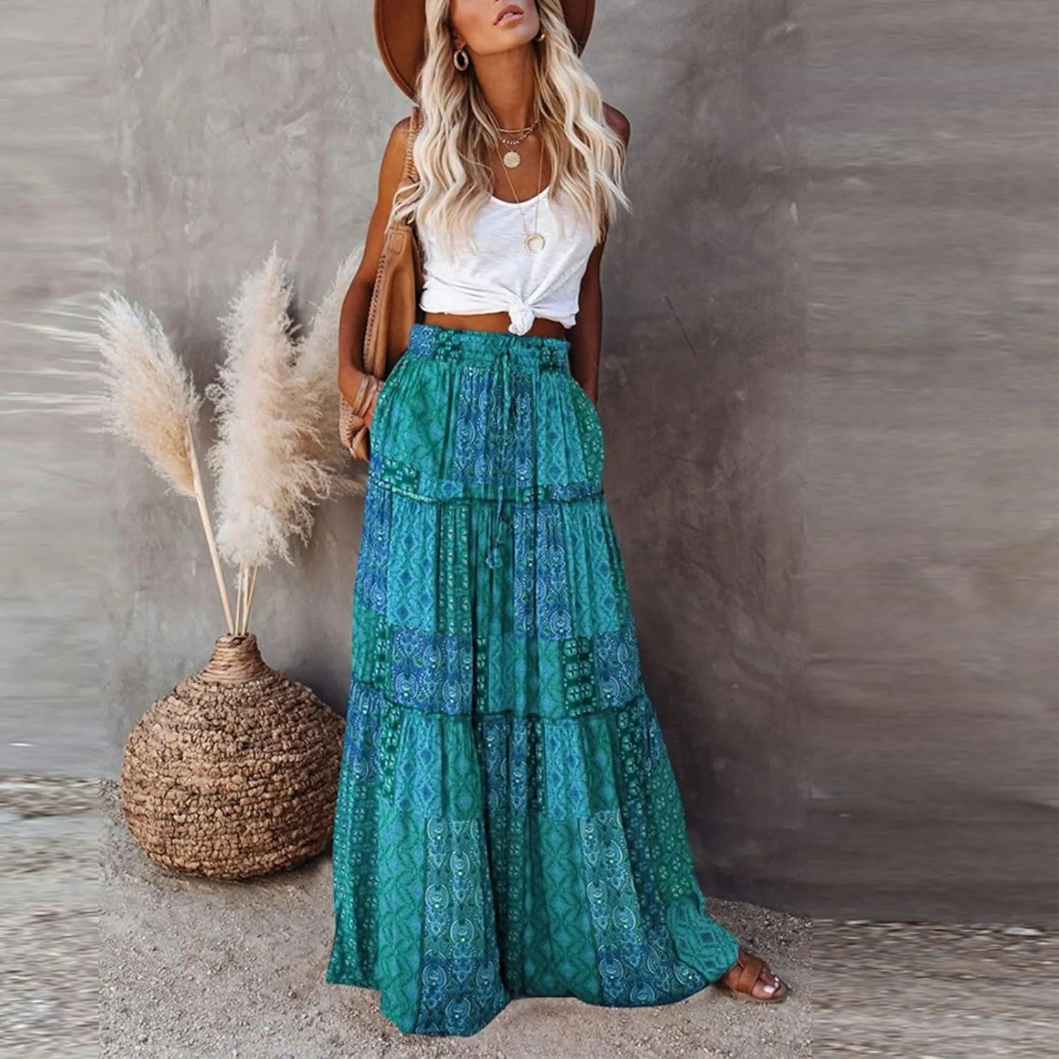 Women's Pleated Skirt Casual Loose Trendy Elastic High Waist Floral Print Boho Sun Beach Long Maxi Skirts, S-2XL