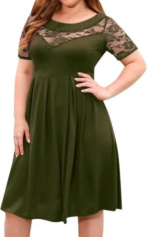 Women's Plus Size Short Sleeve Lace Midi Dress Pleated Casual Summer Flowy Dress with Pockets Petite Maxi Dresses