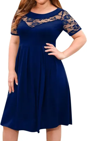 Women's Plus Size Short Sleeve Lace Midi Dress Pleated Casual Summer Flowy Midi Dresses with Pockets