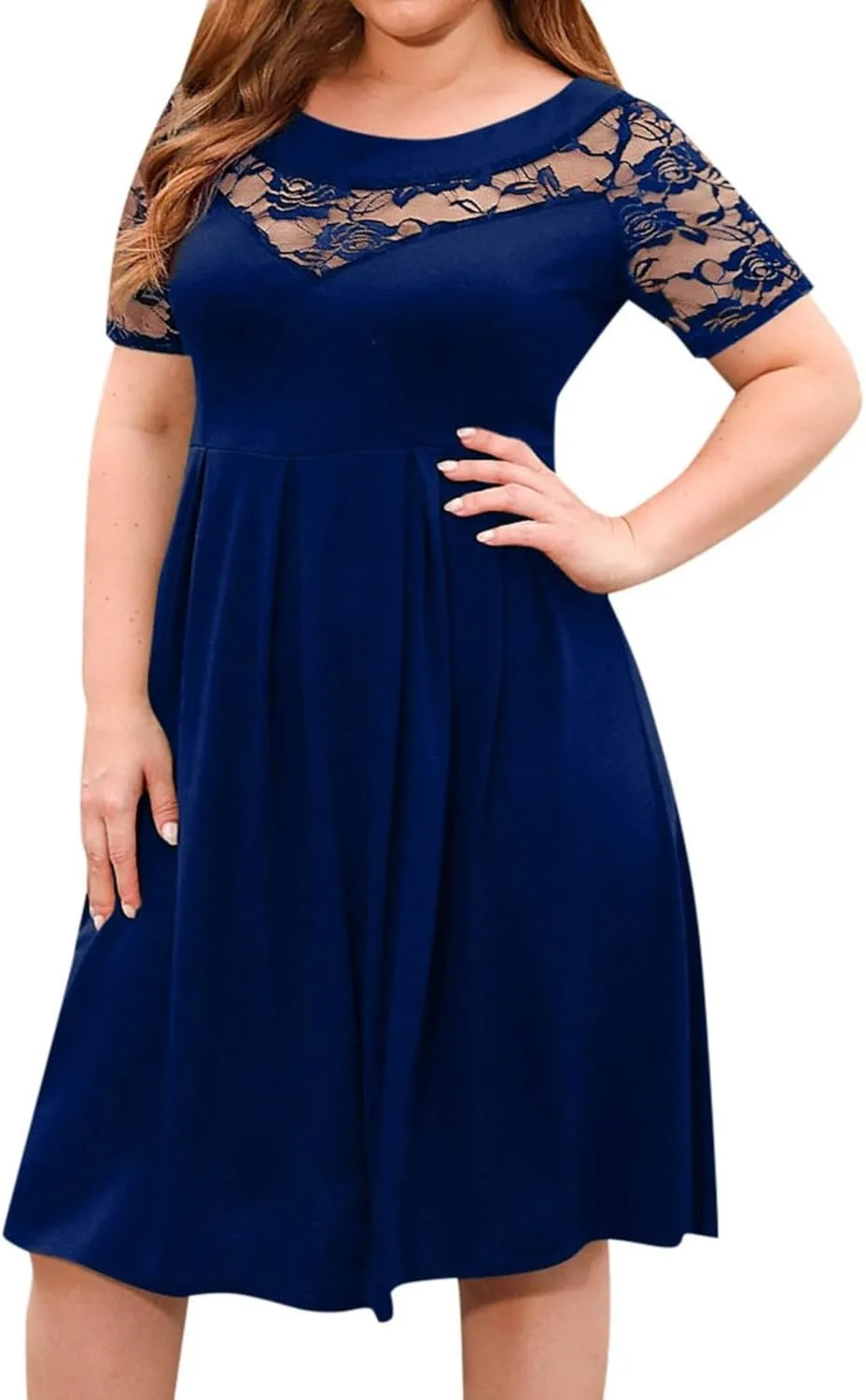 Women's Plus Size Short Sleeve Lace Midi Dress Pleated Casual Summer Flowy Midi Dresses with Pockets