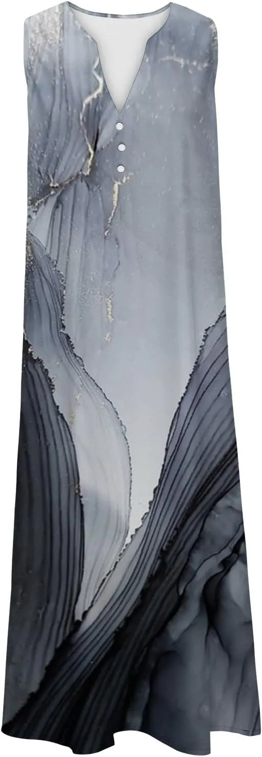 Women's Plus Size Summer Casual Dress Sleeveless Button Up V-Neck Maxi Dress Vintage Flowy Elegant Long Dresses