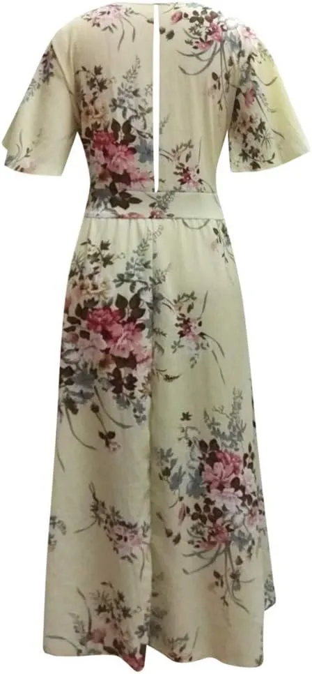 Womens Plus Size Summer Dress Short Sleeve Casual Floral Maxi Dresses High Waist Cocktail Flowy Wrap Sundress