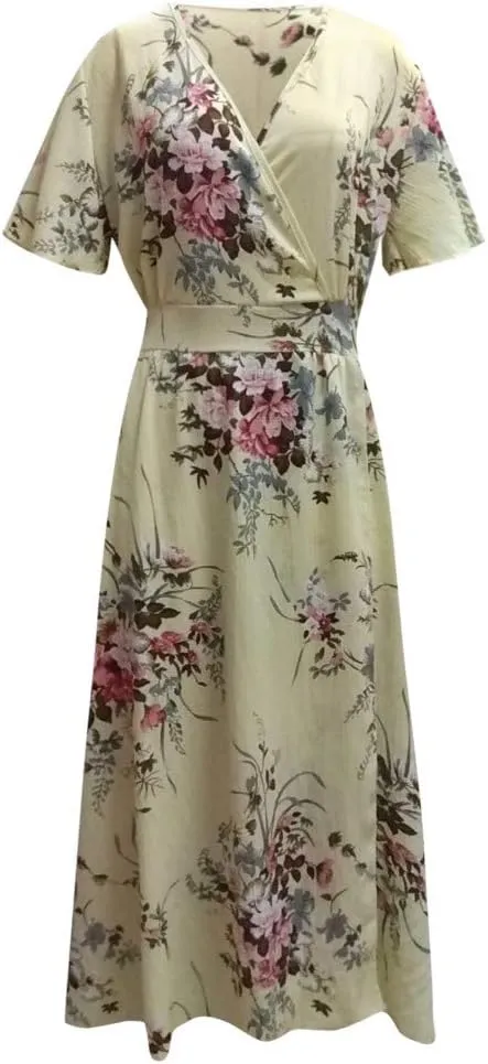 Womens Plus Size Summer Dress Short Sleeve Casual Floral Maxi Dresses High Waist Cocktail Flowy Wrap Sundress