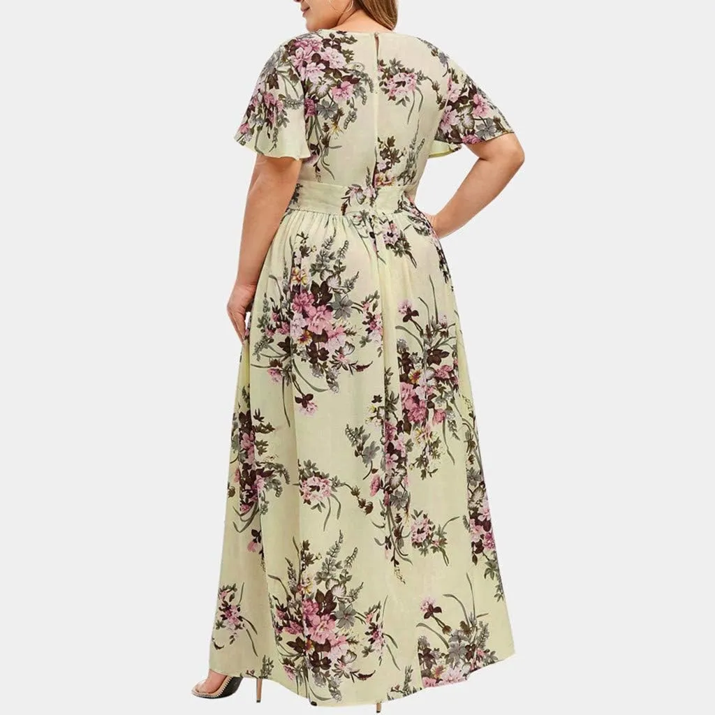 Womens Plus Size Summer Dress Short Sleeve Casual Floral Maxi Dresses High Waist Cocktail Flowy Wrap Sundress
