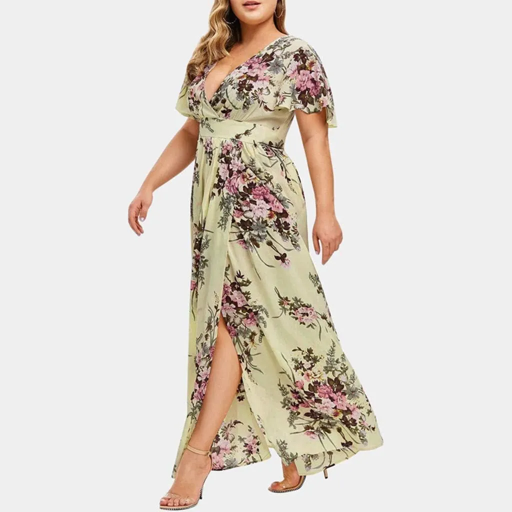 Womens Plus Size Summer Dress Short Sleeve Casual Floral Maxi Dresses High Waist Cocktail Flowy Wrap Sundress