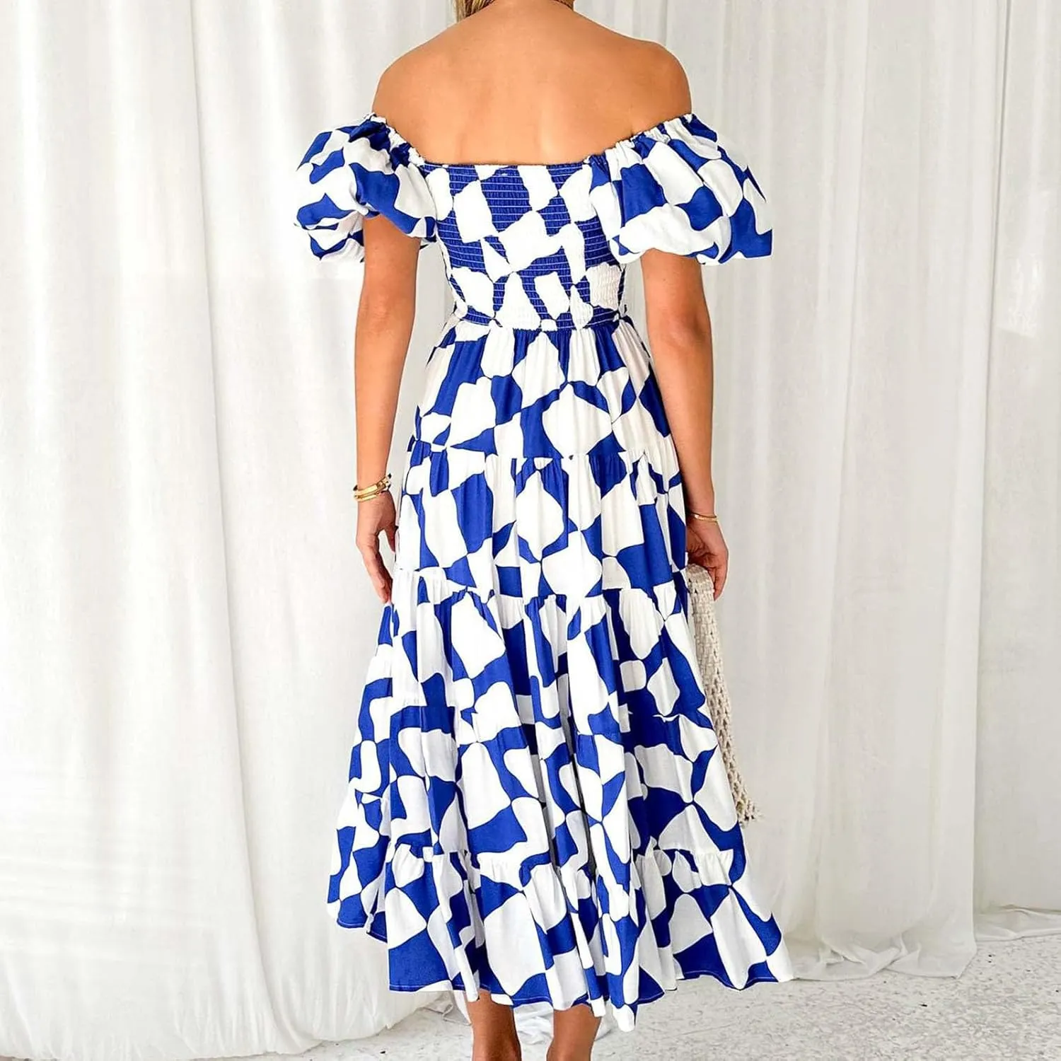 Women's Ruffle Floral Maxi Summer Dress 2025 Boho Off Shoulder Puff Sleeve Smocked Flowy Beach Dresses