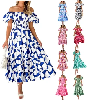 Women's Ruffle Floral Maxi Summer Dress 2025 Boho Off Shoulder Puff Sleeve Smocked Flowy Beach Dresses