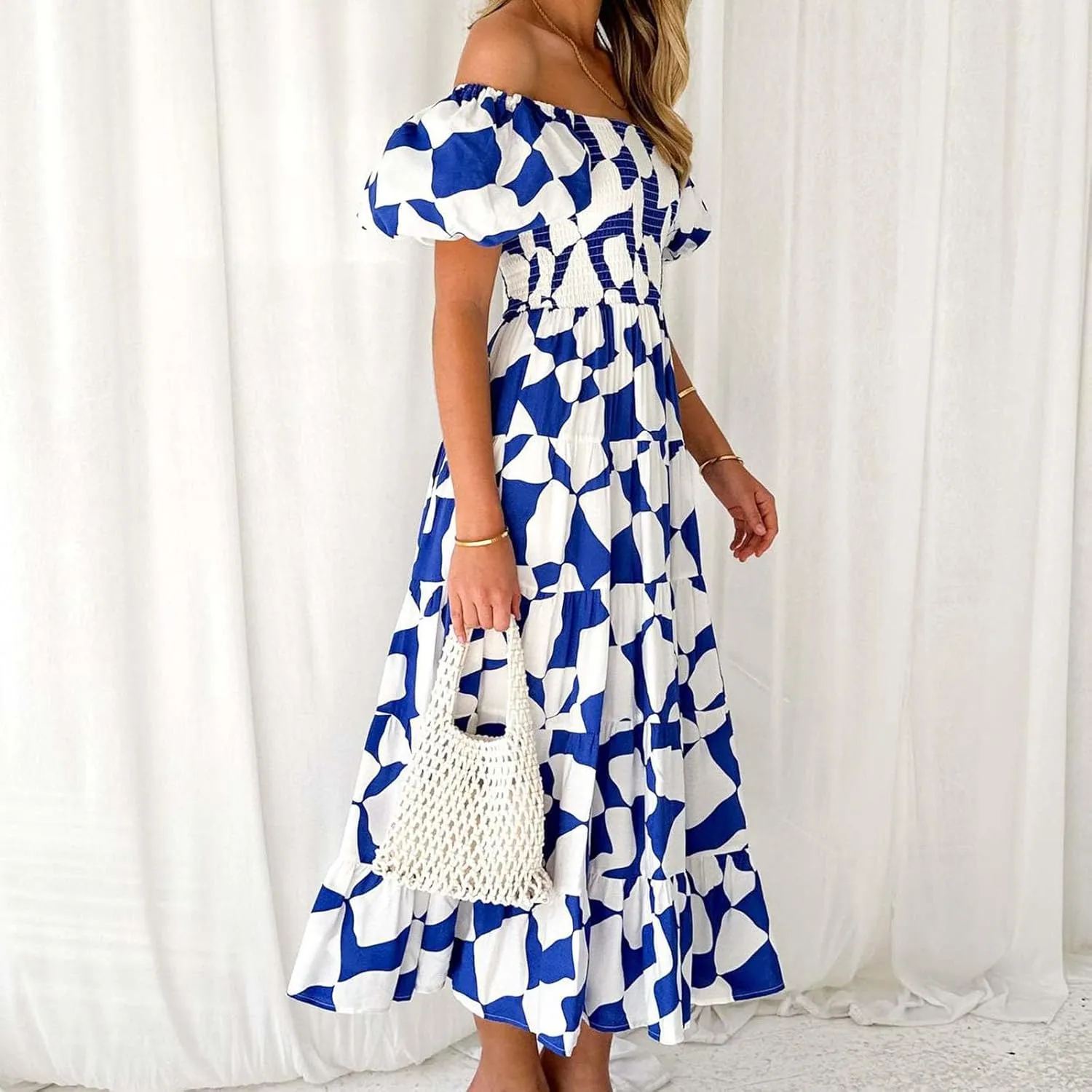 Women's Ruffle Floral Maxi Summer Dress 2025 Boho Off Shoulder Puff Sleeve Smocked Flowy Beach Dresses