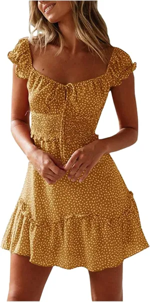 Womens Ruffle Sleeve Sweetheart Neckline Mini Dresses Ruffle Floral Tie Front A-Line Boho Sundress Smocked Short Dresses