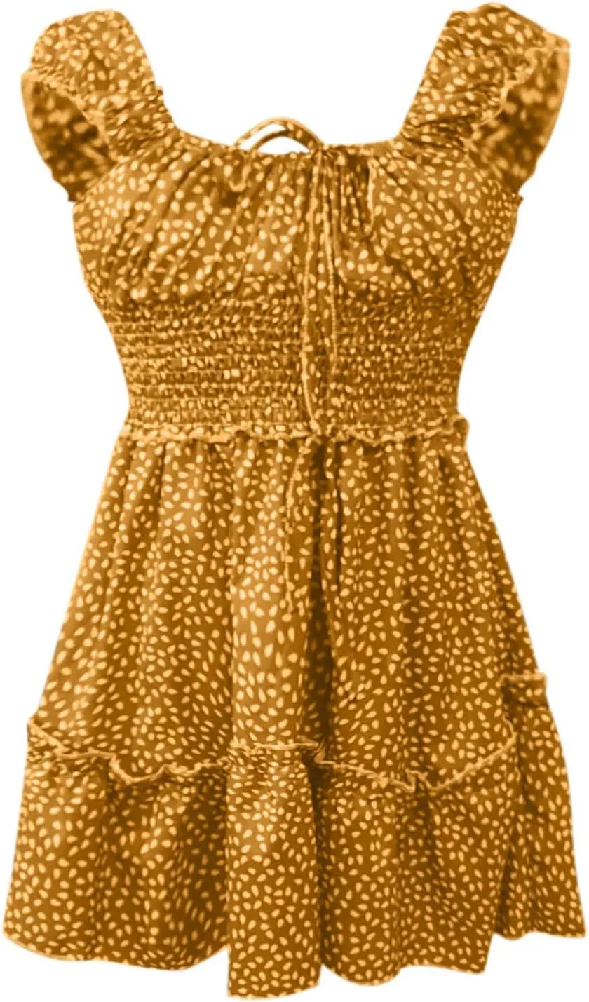 Womens Ruffle Sleeve Sweetheart Neckline Mini Dresses Ruffle Floral Tie Front A-Line Boho Sundress Smocked Short Dresses