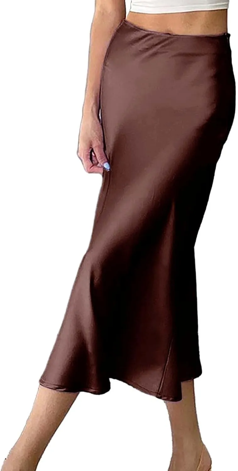 Women's Satin High Waisted Maxi Skirts Hidden Zipper Waistband A Line Long Skirt Evening Dress Long Skirts