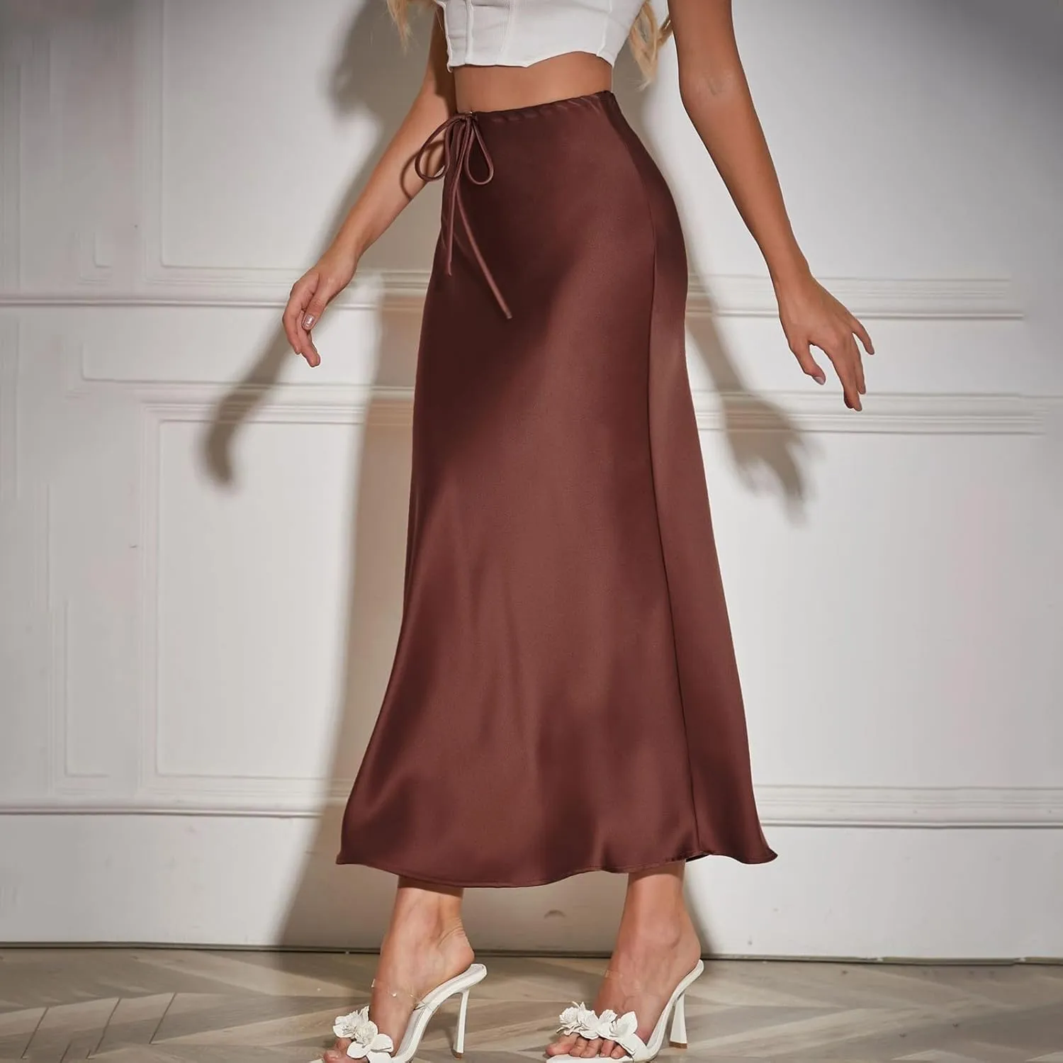 Women's Satin Maxi Skirts Drawstring High Waist Silk Flowy Casual A-Line Long Skirt Cocktail Party Weekend Midi Skirts