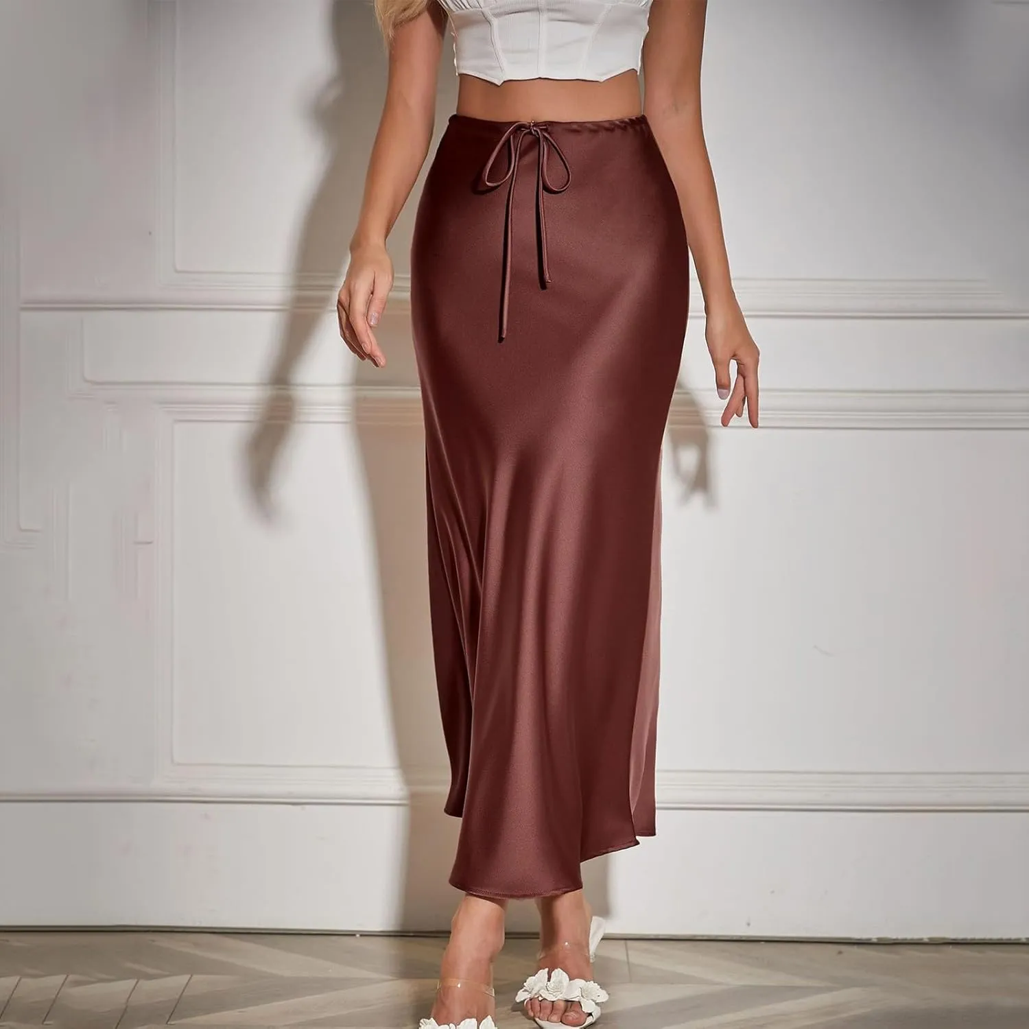 Women's Satin Maxi Skirts Drawstring High Waist Silk Flowy Casual A-Line Long Skirt Cocktail Party Weekend Midi Skirts