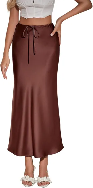 Women's Satin Maxi Skirts Drawstring High Waist Silk Flowy Casual A-Line Long Skirt Cocktail Party Weekend Midi Skirts