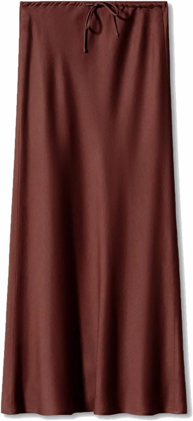 Women's Satin Maxi Skirts Drawstring High Waist Silk Flowy Casual A-Line Long Skirt Cocktail Party Weekend Midi Skirts