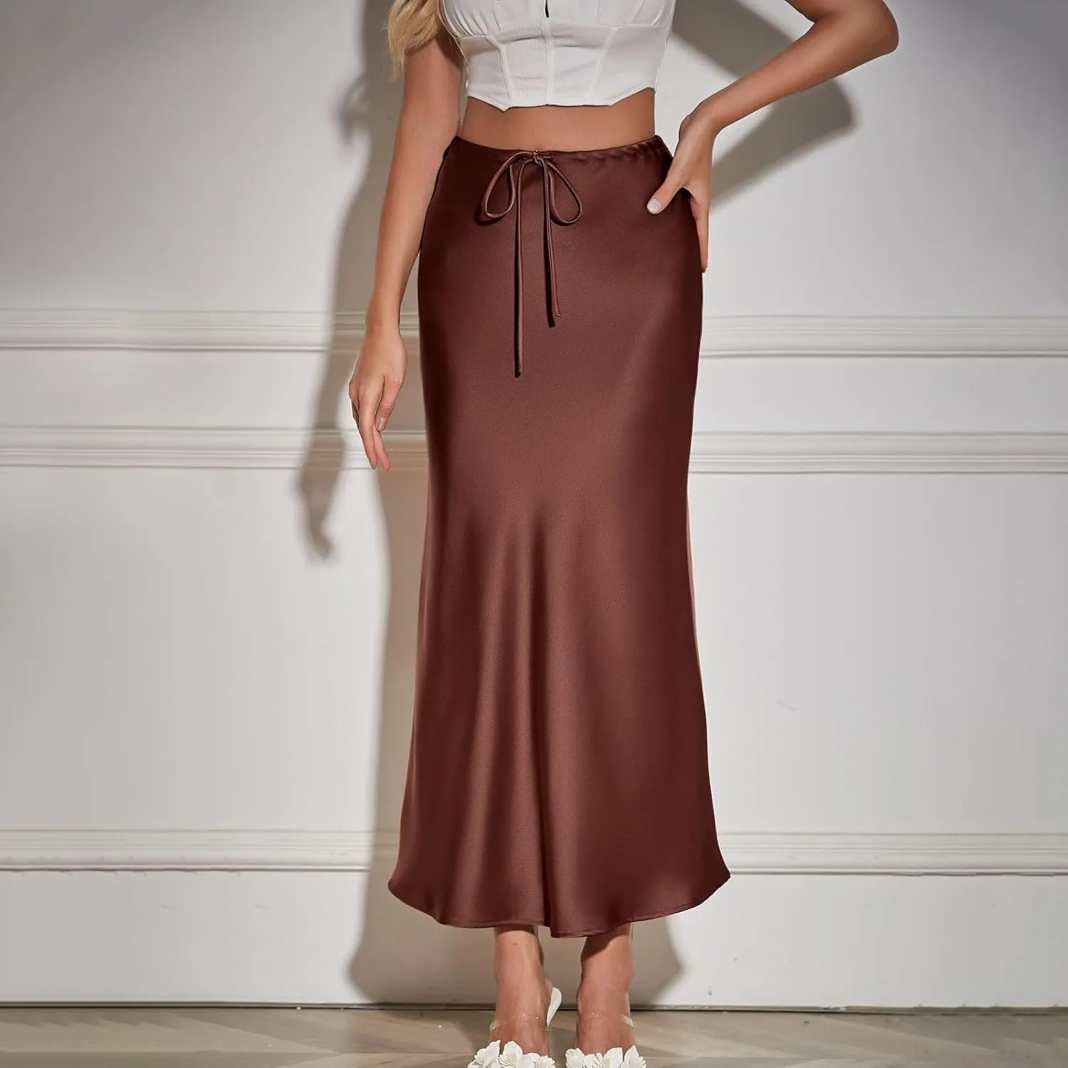 Women's Satin Maxi Skirts Drawstring High Waist Silk Flowy Casual A-Line Long Skirt Cocktail Party Weekend Midi Skirts