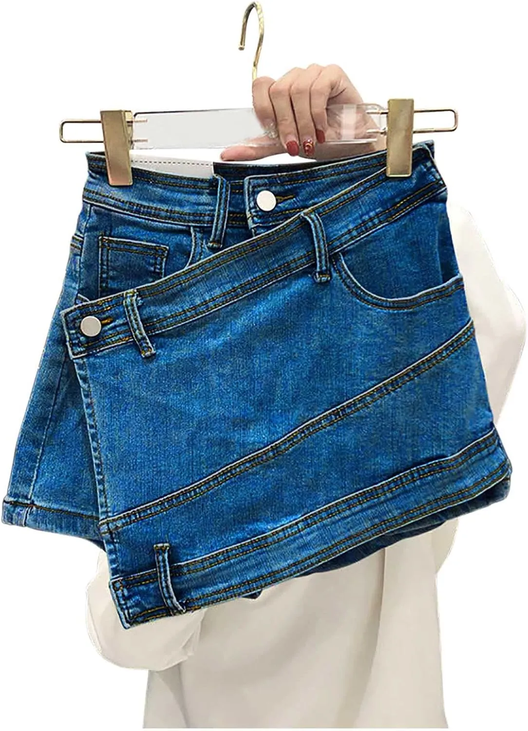 Women's Sexy Mini Denim Skirts Short Jean Skirt Irregular with Pockets Bodycon Denim Skirt Summer Vintage Streetwear
