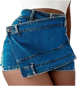Women's Sexy Mini Denim Skirts Short Jean Skirt Irregular with Pockets Bodycon Denim Skirt Summer Vintage Streetwear