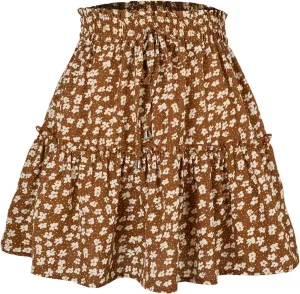 Women's Short Floral Ruffle Chiffon Mini Skirt with Tiered Hem Elastic Drawstring Waist A-Line Swing Beach Dress