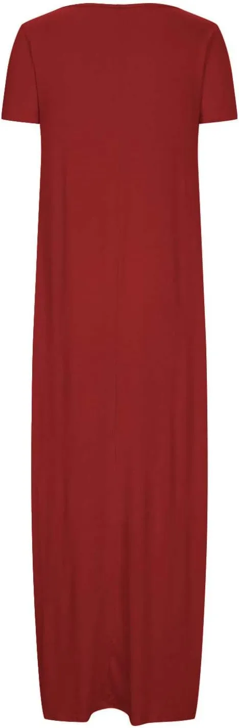 Womens Short Sleeve Scoop Neck Plus Size Maxi Midi Dress Solid Casual Tshirt Dress 2025 Trendy Summer Long Dresses