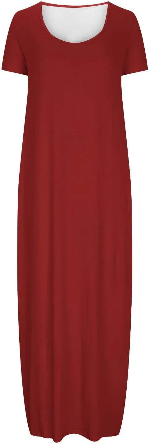 Womens Short Sleeve Scoop Neck Plus Size Maxi Midi Dress Solid Casual Tshirt Dress 2025 Trendy Summer Long Dresses