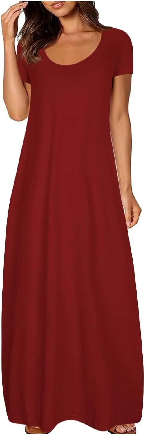 Womens Short Sleeve Scoop Neck Plus Size Maxi Midi Dress Solid Casual Tshirt Dress 2025 Trendy Summer Long Dresses